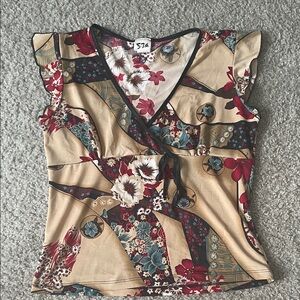 579 Floral Wrap-Style Top in Beige, Red and Teal